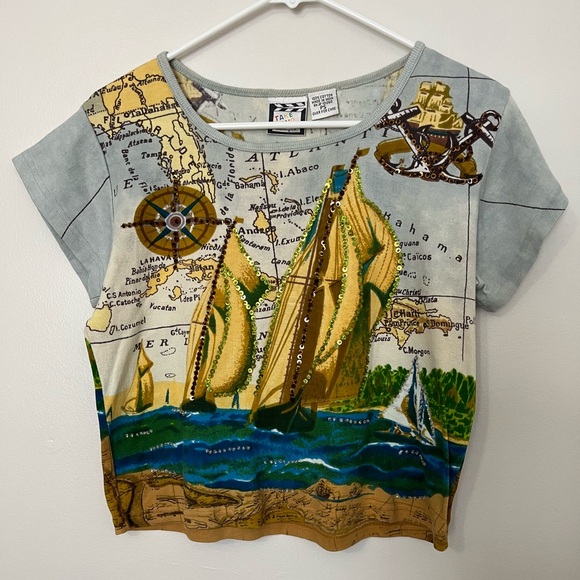 Take Two Tops - 100% Cotton Sailing Adventure Map Print Women's Tee